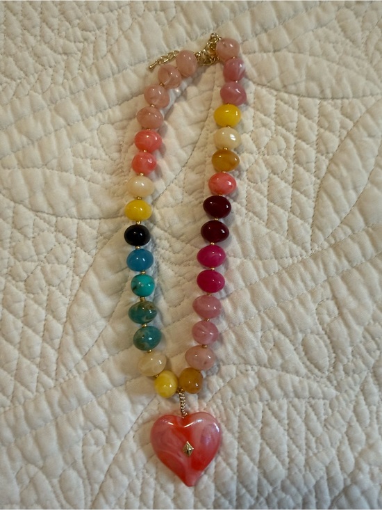 Jewelry - Anthropologie Multicolor Beaded Heart Pendant Necklace - Pink Accent